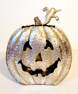 Halloween Metal Pumpkin with Ghost Tea Light Decorative Candle Holder 11" x 9.5" - Picture 1 of 5