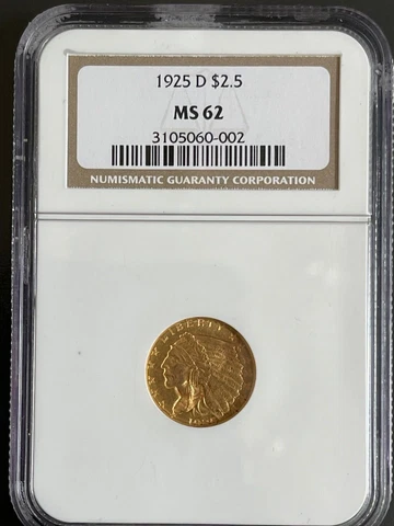 1925 D $2.5  Indian Gold Coin - NGC MS 62 Cover