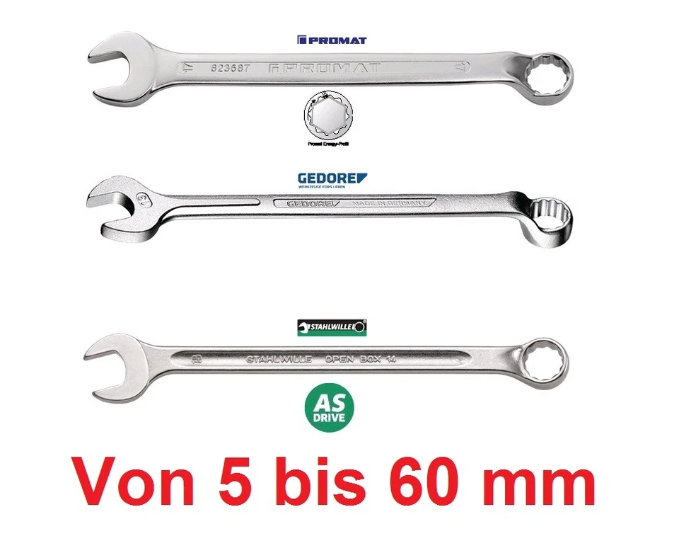 PROMAT - GEDORE - STAHLWILLE 5-60mm Ringmaulschlüssel/Schraubenschlüssel 10° gekröpft Form B Maulstellung 15°