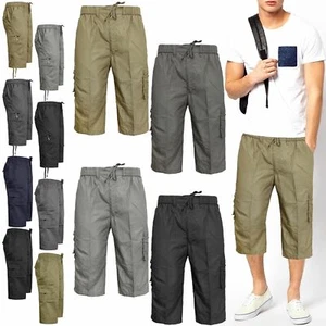 Mens 3/4 Elasticated Waist Long Relaxed Shorts Cargo Combat Three Quarter Pants - Picture 1 of 11