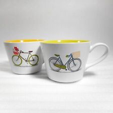 World Market Mug Set Large Yellow Green Ceramic Coffee Cup Bicycle Basket Shabby