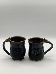 Studio Pottery Mug Set 12oz Blue And Brown Glaze Thumb Rest - Picture 1 of 16