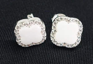 Shamrock Clover Flower Leaf white earrings sterling silver 925 new cz stone - Picture 1 of 5