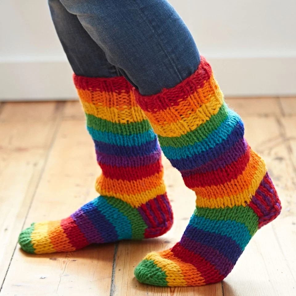 PAPER HIGH Hand Knitted Woollen Rainbow Lounge Bed Winter Socks - 100% Wool