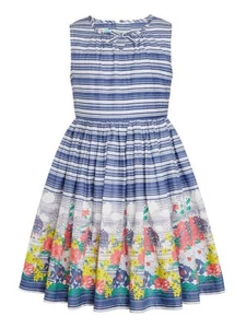 NWT John Lewis Girls Border Floral Stripe Dress 11 Years 100% Cotton Flared - Picture 1 of 4