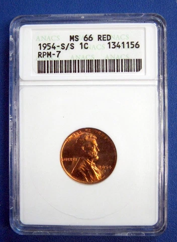 1954-S/S LINCOLN CENT. ANACS CERTIFIED  MS66 RED. RPM-7, S OVER S MINTMARK Cover