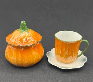 P.A.L.T. Porcelain Tea Cup & Covered Sugar Pumpkin Made In Czecho-Slovakia - Picture 1 of 19