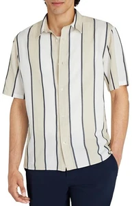 CLUB MONACO Men's Short Sleeve Cabana Stripe Shirt, Light Beige, XS, Extra Small - Picture 1 of 5