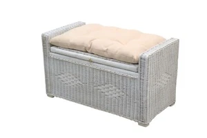 Sitztruhe Rattan Sitzbox mit Sitzkissen massivholz weiss weiß Truhe Schlafzimmer - Bild 1 von 5
