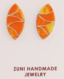 Native American Zuni Handmade Sterling Silver with Spiny Oyster Inlay Earrings - Picture 1 of 2