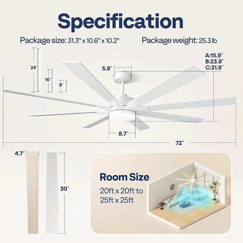 72'' Flush Mount LED Ceiling Fan with Light & Remote 6+1 Speeds, 3CCT, Dimmable - Image 1 of 4