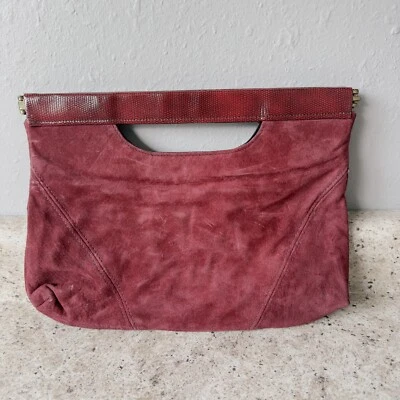 Embreagem vintage rosa vermelha camurça e pele de cobra falsa acabamento com alça recortada - Imagem 1 de 4