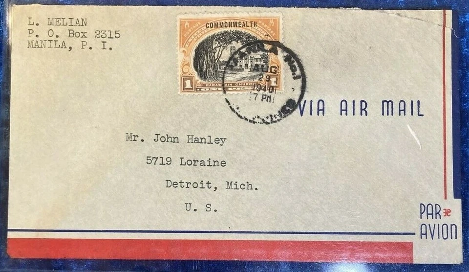 Segunda Guerra Mundial 1940 Filipinas a EE. UU. Detroit MI vía correo aéreo MANILA Pacific Theater Foto 1 de 2