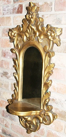 Vintage Hollywood Regency Style Gold Gilded Plaster Wall Mirror With Shelf Cover
