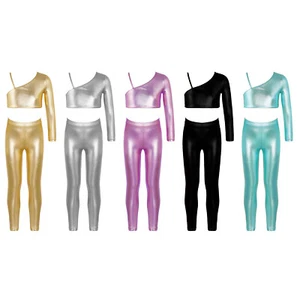 Kids Girls Tracksuits Shiny Metallic Outfits Set Cami Vest Crop Top with Pants - Picture 1 of 44