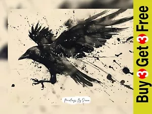 Dramatic Raven in Flight, Ink Painting Print 5"x7" on Matte Paper - Picture 1 of 7