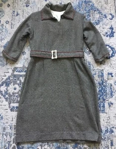 Vintage Handmade Dress Womens Gray 50s Mother Of Pearl Belt Collar Wool Retro - Picture 1 of 10