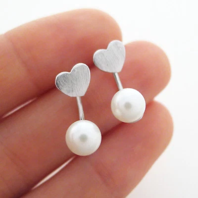 Sterlingsilber Muschel Perle Liebe Herz Post Nieten Lang Jacke Hug Ohrringe - Bild 1 von 4