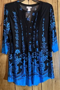 NWOT SERENGETI XL Pleat Front Pintuck Tunic Black Turquoise Geometric Paisley - Picture 1 of 5