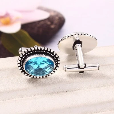 瑞士蓝色黄玉宝石 925 纯银袖扣男女袖扣 — 第 1/3 张图片