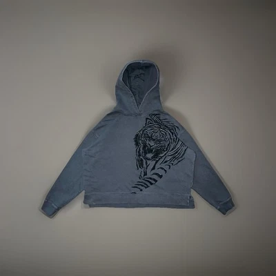 Женская толстовка с капюшоном AllSaints Цвет серый Идеальное выцветание Блестящий Тигр Разрез Подол Укороченная Размер S - Изображение 1 из 4