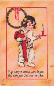 CARTOLINA NATALE BAMBINA CON CALZA E CANDELA IN JAMMIES 1914 103025 - Foto 1 di 2