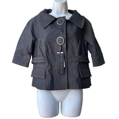 NWT Kenar Womens Jacket Lined Short Sleeve Linen Blend Black Collar Size 10 Y2k - Image 1 of 3