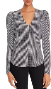 Frame Silk Stripe Noir Multi Top Blouse Puff Long Sleeve Heart Lined Medium - Picture 1 of 23