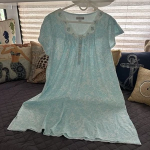 CAMICIA DA NOTTE MISS ELAINE BLU CIELO BIANCA taglia S misto cotone pizzo floreale lunghezza ginocchio - Foto 1 di 4