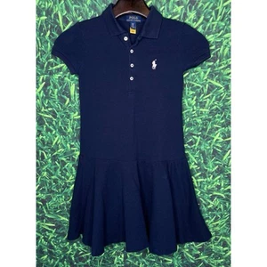 Polo Ralph Lauren Girls Size 7 Small Navy Blue Pique Polo Dress Preppy Button - Picture 1 of 3