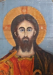 Vintage religious portrait gouache painting Jesus Christ signed - Picture 1 of 12