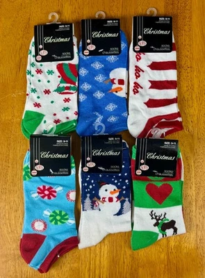 全新带标签 6 对女式圣诞袜 4 脚踝 + 2 船员尺寸 9-11 雪人驯鹿 — 第 1/4 张图片