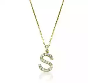 14K SOLID YELLOW GOLD DIAMOND INITIAL NECKLACE, LETTER S NECKLACE - Picture 1 of 2
