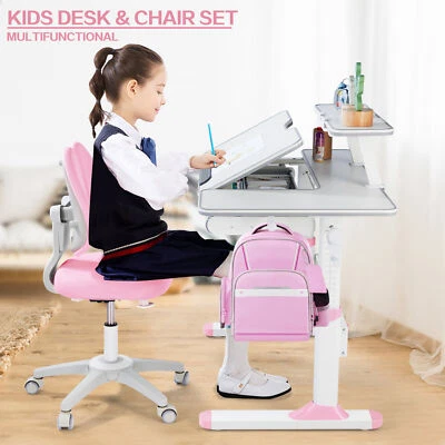 Extra große verstellbare Kinder Arbeitszimmer Schreibtisch Stuhl Set Tisch Regal Schublade Rosa - Bild 1 von 4