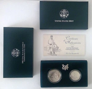 1995 Civil War Battlefield Silver Uncirculated Two Coin $1 + Half Dollar Box COA - Picture 1 of 8