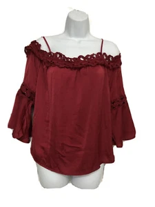 A. Calin LA Women’s Sexy Strappy Top, Boho, Wine, Lace, Silky, Bell Sleeve S, L - Picture 1 of 12