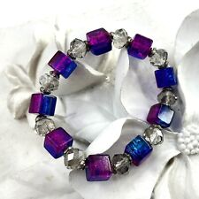 Vintage Faceted Round AB And Cubed Purple Blue Glass Crystal Stretch Bracelet