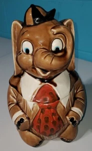 Vintage Brown Elephant w red Necktie & Baseball Cap Ceramic Cookie Jar Japan - Picture 1 of 19