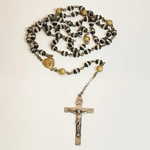 Vintage Sterlingsilber Kruzifix schwarz & klar Kristall Messing Rosenkranz Perlen - Bild 1 von 14