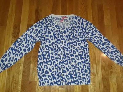 Cárdigan Suéter Charlotte Azul Blanco Leopardo Estampado Animal Botones Plateados Talla L Foto 1 de 4