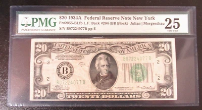 1934-A $20  $1 FWDERAL RESERVRE NOTE B07224077B 204 PLATE PMG 25 - Image 1 of 4