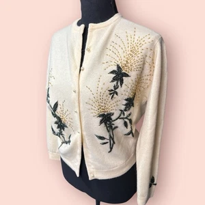 VINTAGE HONGKONG PERLEN PULLOVER CARDIGAN Creme Kaninchenhaar Lammwolle Medium - Bild 1 von 10