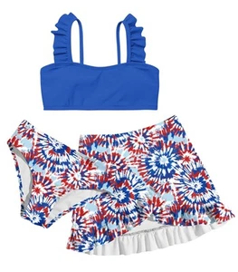 Big Girls Bathing Suits 3 Piece Swimsuits American Flag Tie Dye Bikini Tankin... - Picture 1 of 6