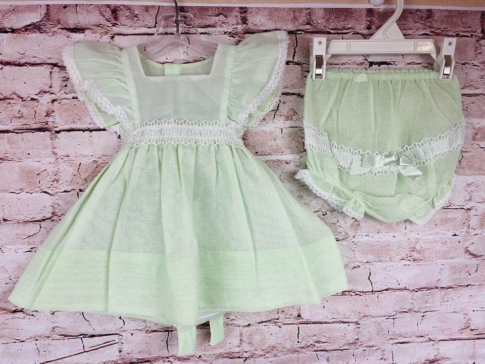 De Colección Nanette Transparente Verde Menta Delantal Bebé Vestido Florers Encaje Lazo Pascua 12 meses Foto 1 de 4