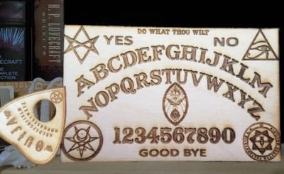 DC MAKER LABS Wooden Ouija Board & Planchette w/ Aleister Crowley Symbols Engraved On Wood