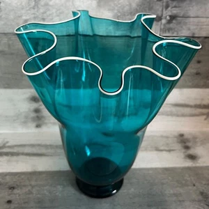Art Glass Handkerchief Ruffled Vase Blue White 0340 - Picture 1 of 12