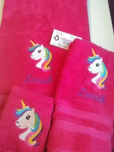 Rainbow Unicorn Face Personalized 3 Piece Bath Towel Set  Any Color  - Bild 1 von 6