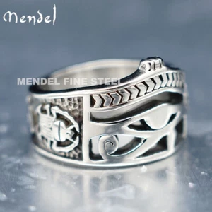 MENDEL Mens Egyptian Ankh Scarab Eye Of Horus Ra Ring Stainless Steel Size 6-15 - Picture 1 of 7