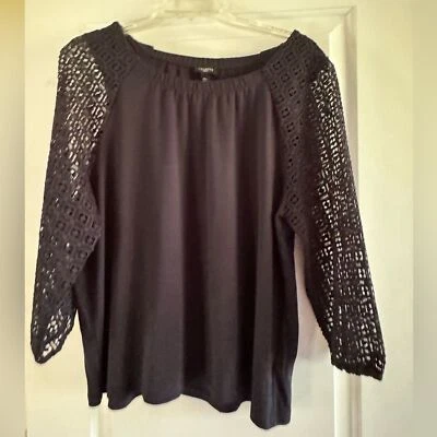 Blusa Talbots Feminina Tamanho XL Pequena Manga 3/4 Renda/Tecido Azul Marinho Nova Sem etiquetas - Imagem 1 de 4
