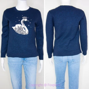 Children's Place shimmering metallic thread sequin swan navy blue sweater, L - Picture 1 of 12